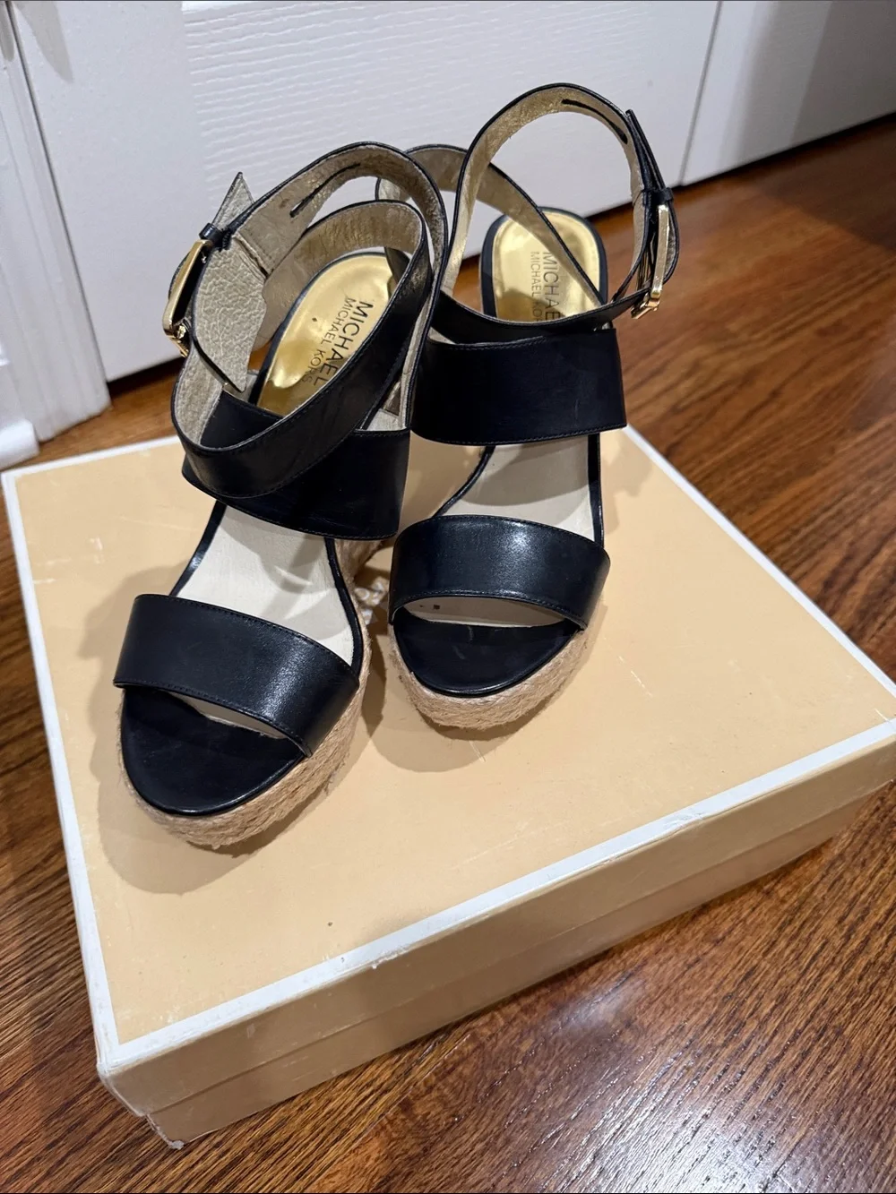 Michael Kors Black Leather Espadrille Wedge Sandals